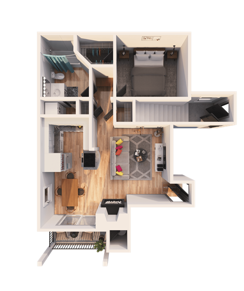 Floor plan for 1 bed, 1 bath, 884 sqft